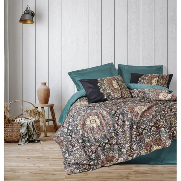 COTTON BOX ORNATE SATEN UYKU SETI CIFT KISILIK PETROL ürün görseli 1
