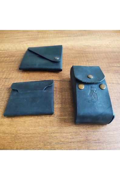 sumerianwallet Minimalist Siyah Crazy Deri Cüzdan Kartlık Ve Sigara Kılıfı 3 Adet Anahtarlık Siyah ürün görseli 1