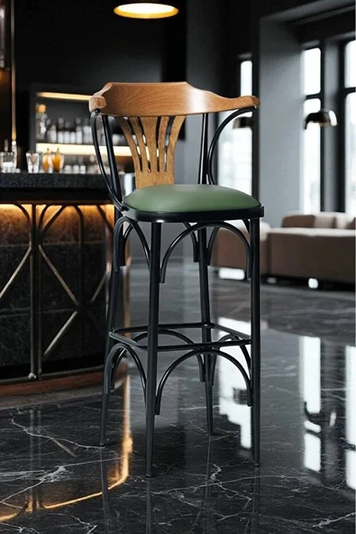 DENGEMA Bar Taburesi 169/65 Yeşil Deri Döşeme-Ahşap Sırt-Metal İskelet (Oturma Yüksekliği 65cm) ürün görseli 1