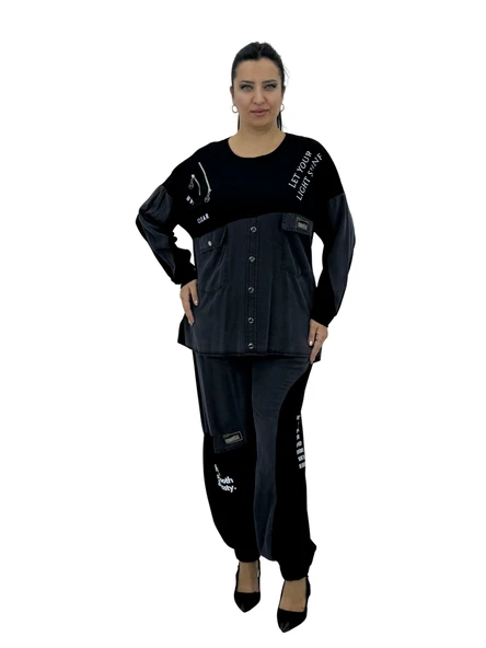 Büyük Beden Viskon Düğme Detaylı Önden Cepli Jogger  Lastikli İkili Kadın Takım ürün görseli 1