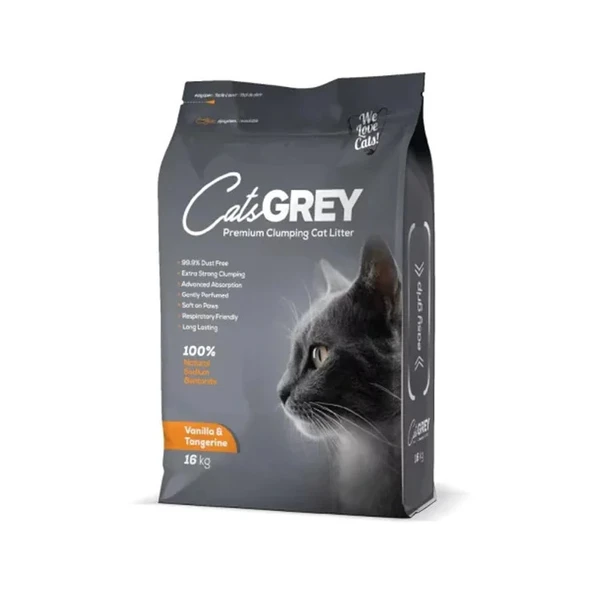 CatsGREY Premium Vanilya ve Mandalina Kokulu Tozsuz Topaklanan İnce Taneli Bentonit Kedi Kumu 16kg ürün görseli 1
