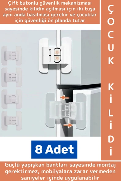 Kendinden Yapışkanlı Montaj Gerektirmez Estetik Buzdolabı Çekmece Dolap Kapağı Çocuk Kilidi 8 Adet ürün görseli 1
