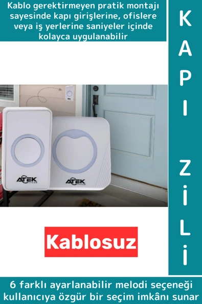 Kendinden Yapışkanlı Ev Kapı Girişi Ofis 36 Melodili LED Işıklı Kablosuz Su Geçirmez Beyaz Kapı Zili ürün görseli 1