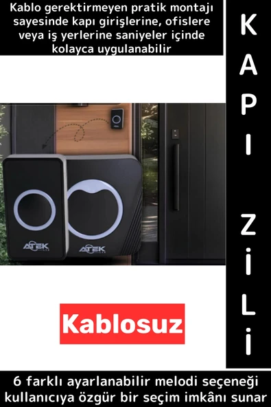 Kendinden Yapışkanlı Ev Kapı Girişi Ofis 36 Melodili LED Işıklı Kablosuz Su Geçirmez Siyah Kapı Zili ürün görseli 1