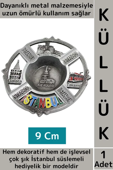 Dayanıklı Gündelik Ev İş Kullanım Dekoratif Hediyelik Çok Şık İstanbul Süslemeli Metal Küllük 9 Cm ürün görseli 1