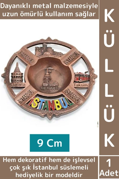 Dayanıklı Gündelik Ev İş Kullanım Dekoratif Hediyelik Çok Şık İstanbul Süslemeli Metal Küllük 9 Cm ürün görseli 1