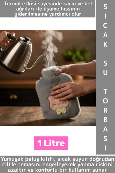 Termal Yapı Karın Bel Eklem Ağrı Sevimli Papyonlu Kedi Figür Yumuşak Peluş Sıcak Su Torbası 1 Litre ürün görseli 1