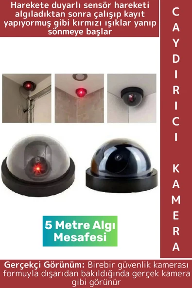 Ev Dükkan Kırmızı Işıklı Hareket Sensörlü 5 Metre Algı Mesafeli Pilli Güvenlik Caydırıcı Dome Kamera ürün görseli 1