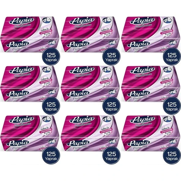 Papia Platinum Pratik Mendil 125 Yaprak (4 Katlı) 1125 Yaprak (9PK*125) ürün görseli 1