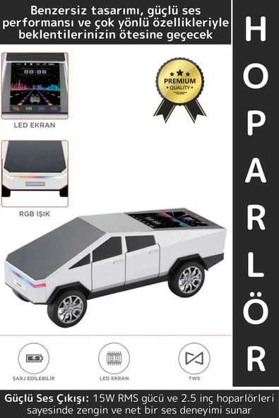 Premium Güçlü Ses USB AUX Speaker CyberTruck Lüks Araba Tasarımlı RGB Led Ekranlı Bluetooth Hoparlör ürün görseli 1