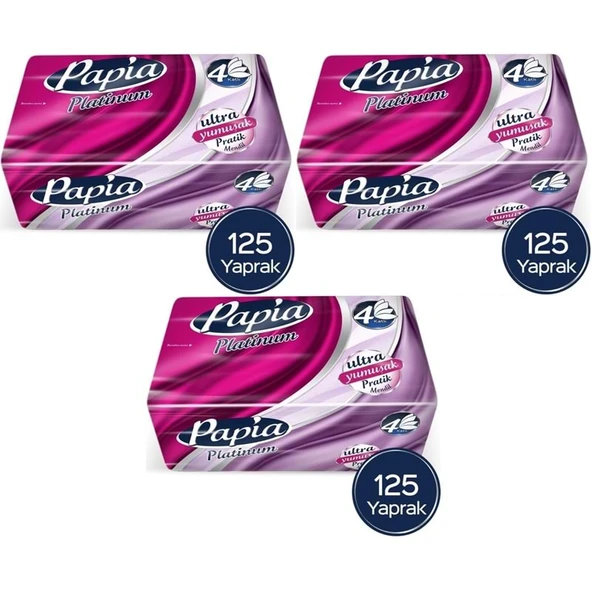Papia Platinum Pratik Mendil 125 Yaprak (4 Katlı) 375 Yaprak (3PK*125) ürün görseli 1