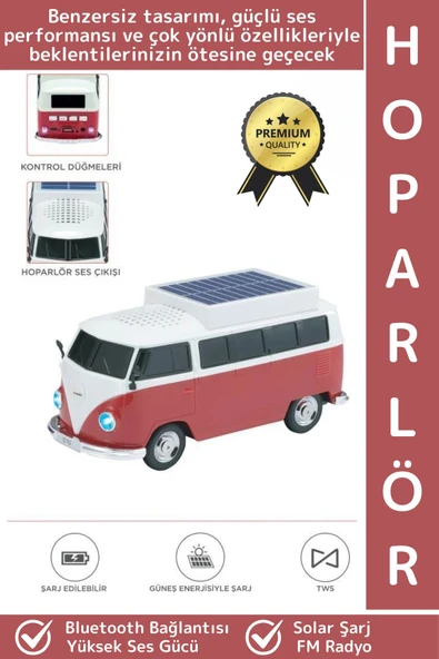 Premium Yüksek Ses Kamp Speaker FM Solar Şarjlı Çok Şık Retro Vosvos Tasarımlı Bluetooth Hoparlör ürün görseli 1