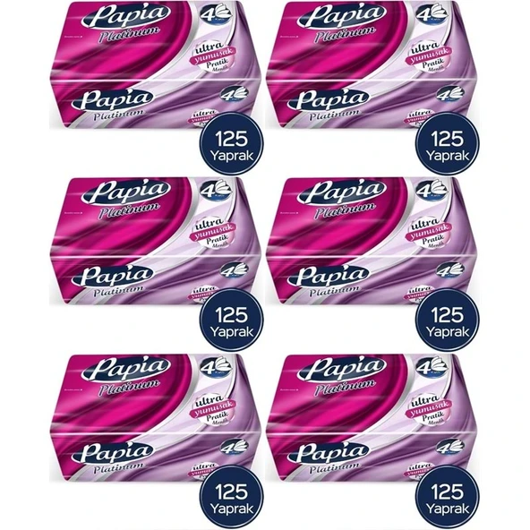 Papia Platinum Pratik Mendil 125 Yaprak (4 Katlı) 750 Yaprak (6PK*125) ürün görseli 1