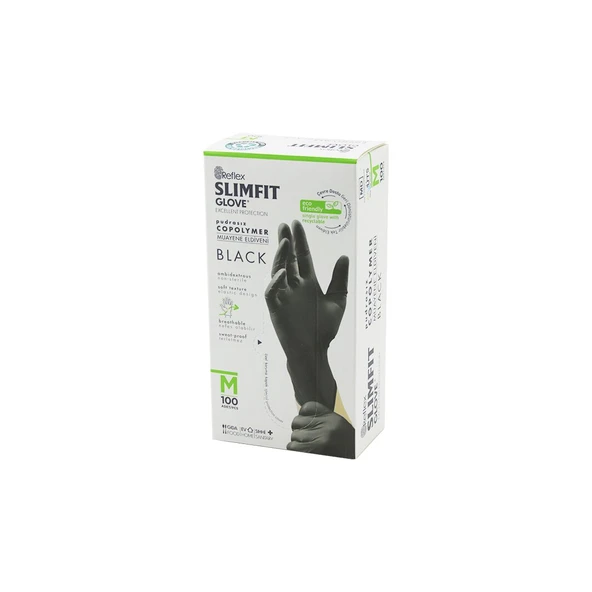 REFLEX SLİMFİT GLOVE KOD-032 M SİYAH PUDRASIZ MUAYENE ELDİVEN 100LÜ (5250) ürün görseli 1