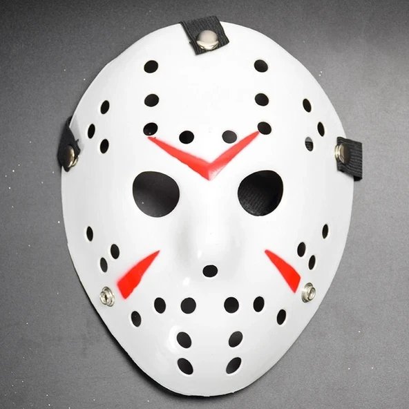 Beyaz Renk Kırmızı Çizgili Tam Yüz Hokey Jason Maskesi Hannibal Maskesi ürün görseli 1