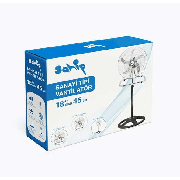 3İN1 KULLANIM 18 İNÇ 45 CM SANAYİ TİPİ AYAKLI VANTİLATÖR 5-METAL PERVANE 3-KADEME HIZ 75WY:150CM FAN (5250) ürün görseli 1