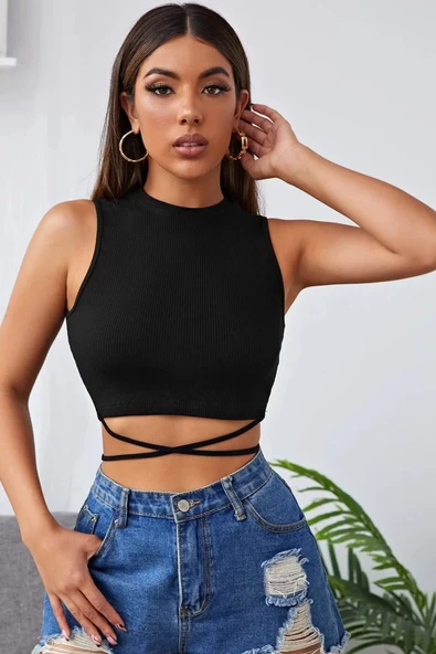 Kadın Siyah Çapraz Bağlamalı Crop Top Büstiyer ürün görseli 1