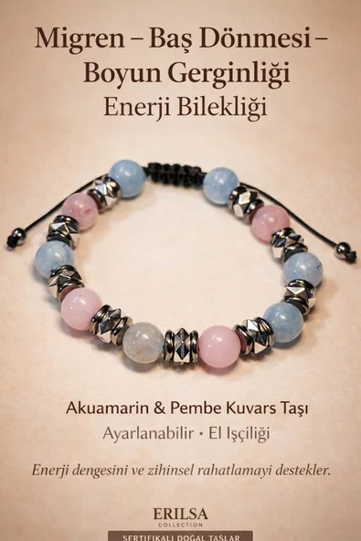 Sertifikalı Migren Baş Dönmesi Boyun Gerginliği Enerji Bilekliği – Akuamarin - Pembe Kuvars Taşı ürün görseli 1