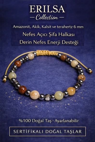 Sertifikalı Nefes Açıcı Şifa Halkası Derin Nefes Enerji Destek Bilekliği – Amazonit Akik Kalsit Taş ürün görseli 1