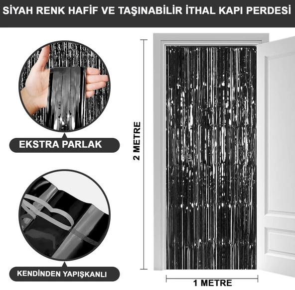 Siyah Renk Ekstra Metalize Parlak Saçaklı Arka Fon Perde İthal A Kalite 1x2 Metre ürün görseli 1