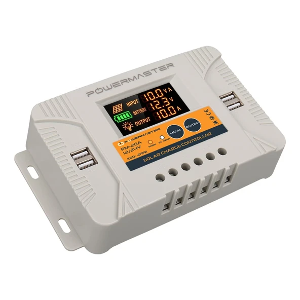 Powermaster PM-20A 12V-24V 20 Amper 4 USB Çıkışlı Dijital Ekranlı Solar Şarj Regülatörü ürün görseli 1