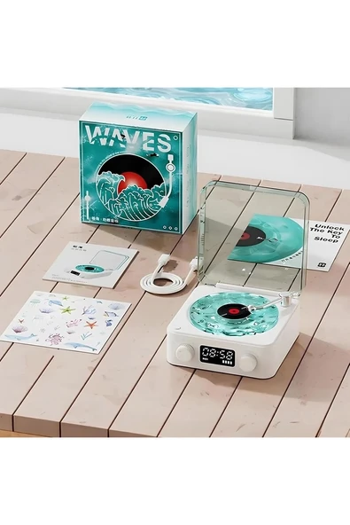Waves Nostalji Plak Görünümlü Bluetooth Hoparlör 3d Ses Dalgası Retro Müzik Plak Mavi ürün görseli 1
