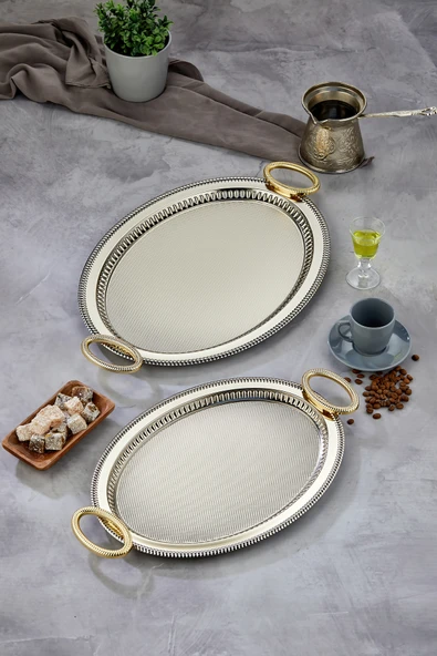 Cooker 2'li Alya Metal Oval Sunum Tepsisi 53x34 cm ve 46x28 cm ürün görseli 1