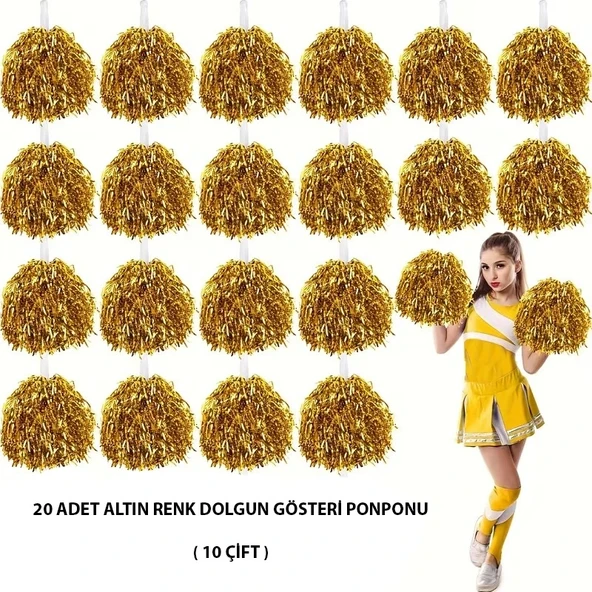 10 Çift ( 20 Adet ) Altın Renk 23 Nisan 19 Mayıs 29 Ekim Okul Gösteri Ponponları ürün görseli 1