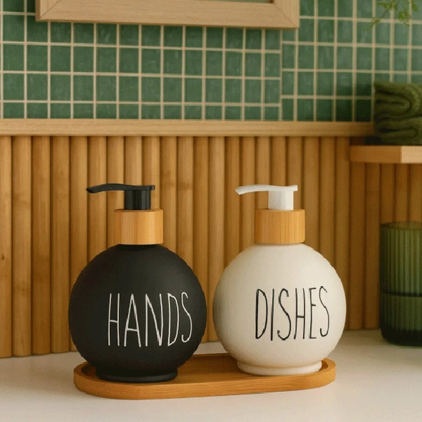 Bambu Stantlı Top Model Cam Sabunluk, Hands & Dishes 500 ml Sıvı Sabunluk Seti ürün görseli 1