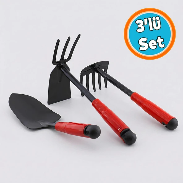 Metal Hobi Çapa Tırmık 3'lü Set Bahçe Tarla Çim Peyzaj Bitki Çiçek Ekme Toprak İşleme Küreği Küçük ürün görseli 1