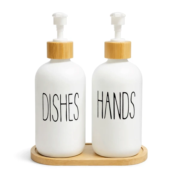Bambu Standlı 2’li Cam Sıvı Sabunluk Seti 550 ml Hands & Dishes Yazılı Mutfak ve Banyo İçin Doğal Bambu Organizer ürün görseli 1