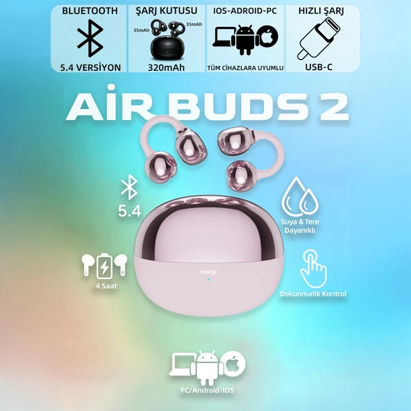 Mioji Air Buds 2 Kablosuz 5.4 IOS Android Windows PC ve Tüm Telefonlar ile Uyumlu Bluetooth Kulaklık - Pembe ürün görseli 1