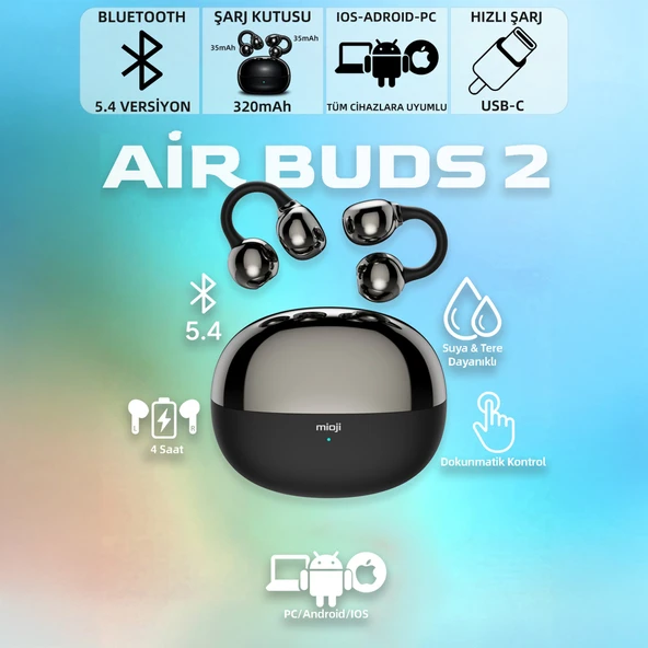Mioji Air Buds 2 Kablosuz 5.4 IOS Android Windows PC ve Tüm Telefonlar ile Uyumlu Bluetooth Kulaklık - Siyah ürün görseli 1