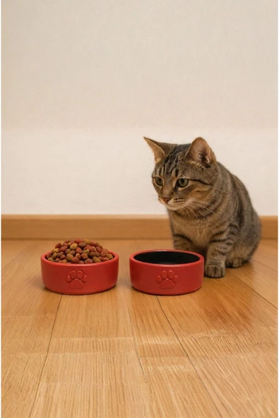 KorPet 2li Seramik Kedi köpek mama su kabı (ödül maması kabı) 8cm Kırmızı ürün görseli 1
