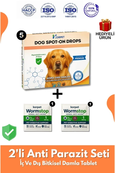KorPet Köpek Iç Dış Anti Parazit Tüm Köpekler Için Bitkisel 5 Damla Ve 2 Tablet Paketi ürün görseli 1