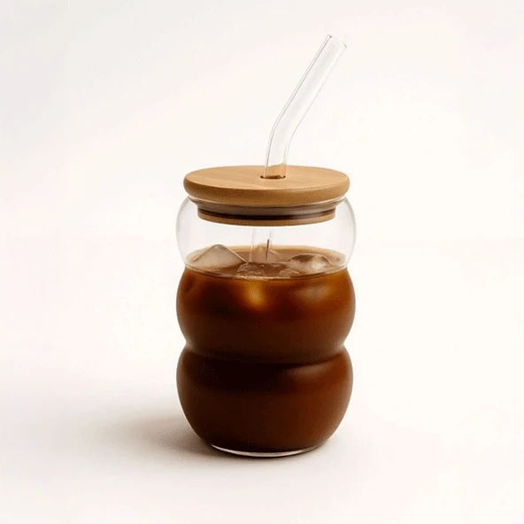 Bubble Borosilikat Cam Bardak, Isıya Dayanıklı 600 ml - Bambu Kapaklı ürün görseli 1
