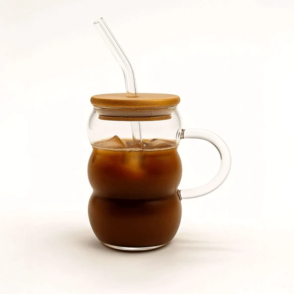 Bubble Kulplu Borosilikat Cam Bardak, Isıya Dayanıklı 600 ml - Bambu Kapaklı ürün görseli 1