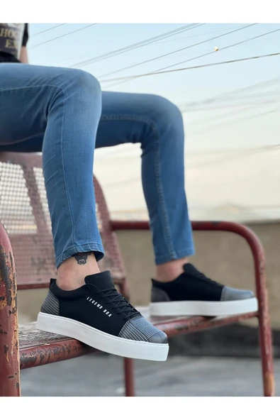 aradimtaradim BA0104 Bağcıklı Siyah Ekose Süet Beyaz Taban Spor Klasik Erkek Ayakkabı ürün görseli 1