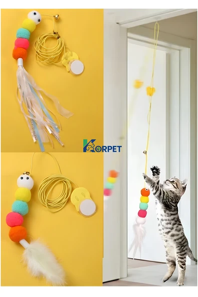 KorPet Elastik Kapıya Asılan Kendinden Yapışkanlı Kedi Oyun Oltası Kedi Oyuncağı Beyaz ürün görseli 1