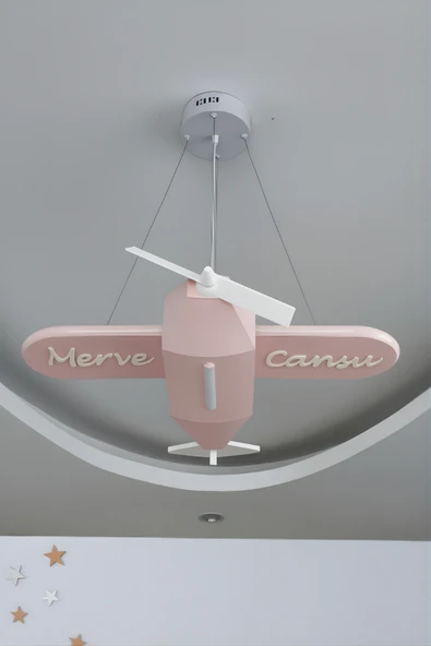 Uçak Temalı LED Çocuk Odası Sarkıt Avize (70x80) Kişiye Özel , El Yapımı Görünüm(Pastel Pembe) ürün görseli 1