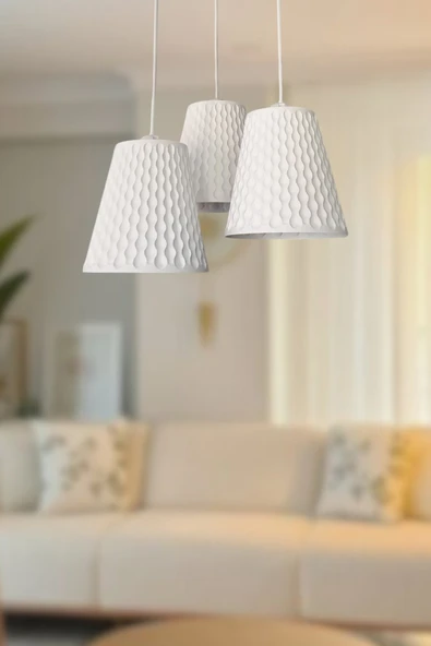 Modern Beyaz 3'lü Sarkıt Avize Petek Desenli Beton Görünümlü Ayarlanabilir Salon Mutfak Avizesi Ofis ürün görseli 1