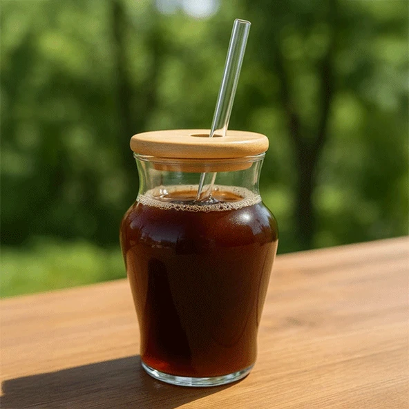 Chubby Borosilikat Cam Bardak 500 ml - Bambu Kapaklı - Resim 4