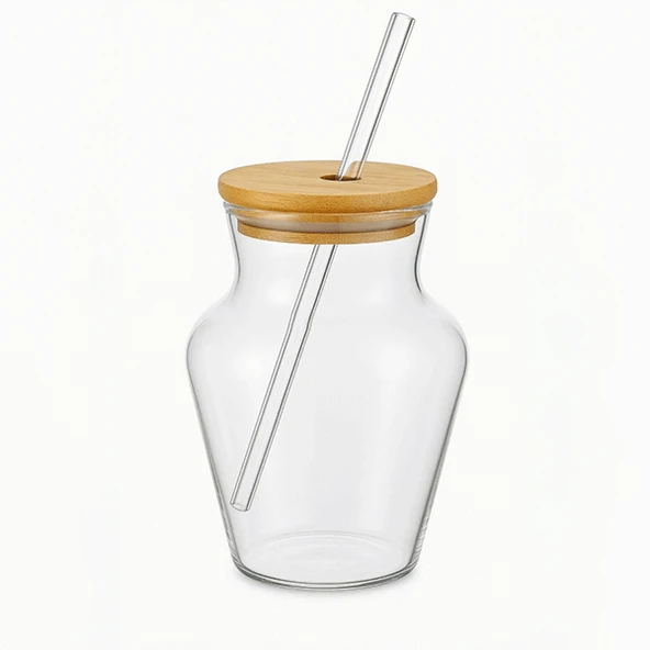 Chubby Borosilikat Cam Bardak 500 ml - Bambu Kapaklı - Resim 3