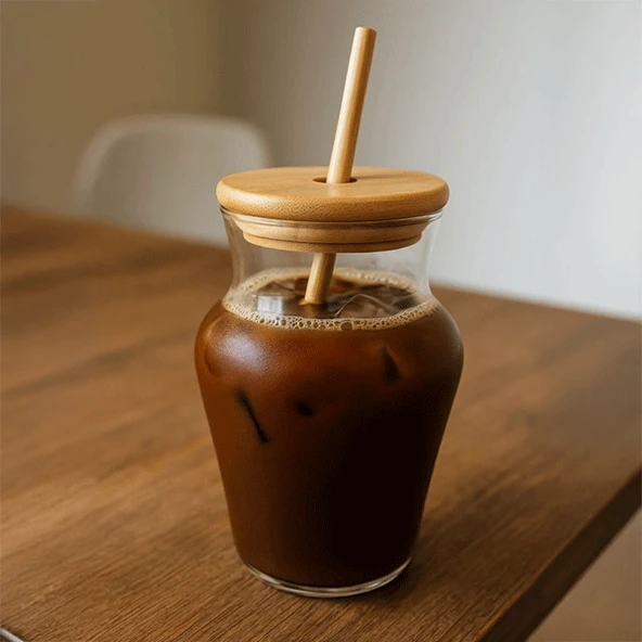 Chubby Borosilikat Cam Bardak 500 ml - Bambu Kapaklı - Resim 2