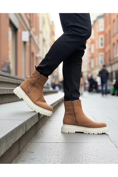 bao Erkek BotBA0777 Süet Taba Krem Taban Çift Fermuarlı Erkek Yarım Bilek Bot ürün görseli 1