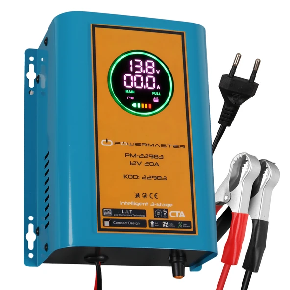 Powermaster PM-22983 12 Volt 20 Amper Dijital Ekranlı Akü Şarj Cihazı Oto Araç Motosiklet Akü Şarj Aleti ürün görseli 1