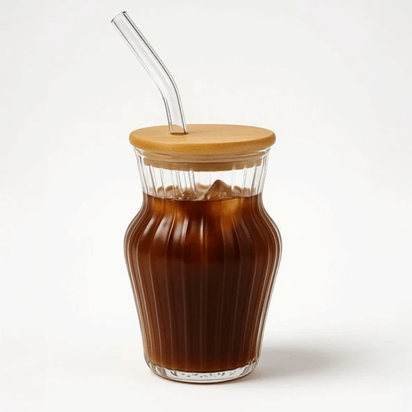 Çizgili Chubby Borosilikat Cam Bardak 500 ml - Bambu Kapaklı ürün görseli 1