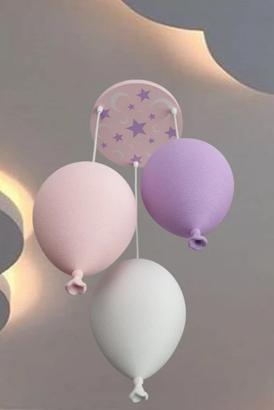 Kız Çocuk Odası Avize Balon 3'lü Sarkıt Avize Ay Yıldız Ayarlı Avize Beyaz Pembe Mor 3 AMPUL DAHİL ürün görseli 1