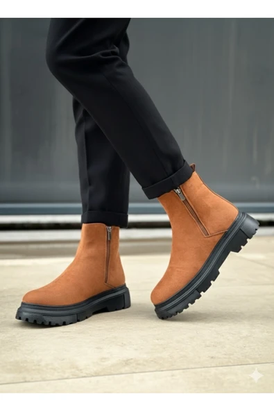 bao Erkek BotBA0777 Süet Taba Siyah Taban Çift Fermuarlı Erkek Yarım Bilek Bot ürün görseli 1