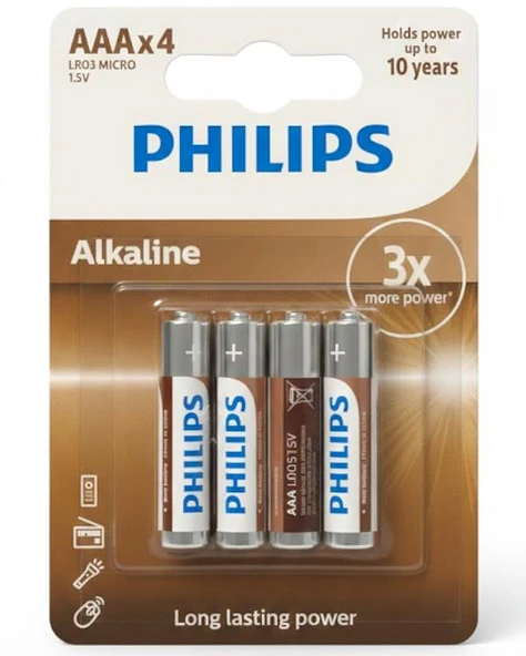 Philips Alkalin AAA Kalem Pil 1.5V 4lü Blister Paket LR03A4B ürün görseli 1